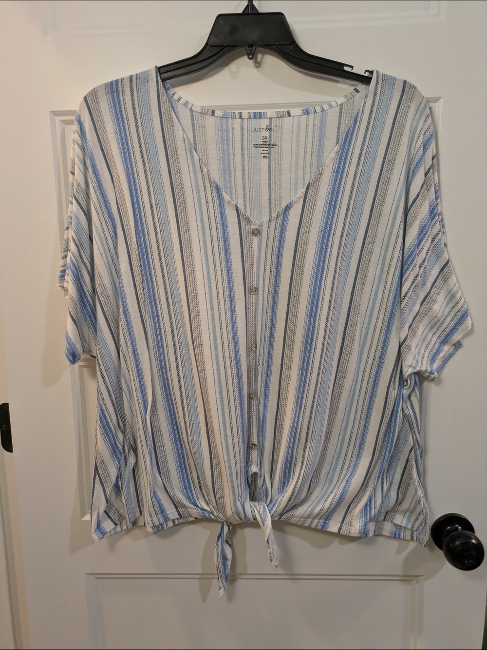 Striped Button-Front Tie-Hem Top — Blue & White